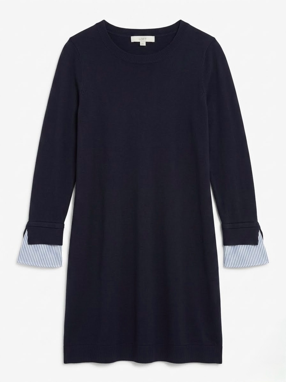 LOFT Black Mini Sweater Shift Dress Stripe-Cuff Bow Detail Sz S Academia Preppy